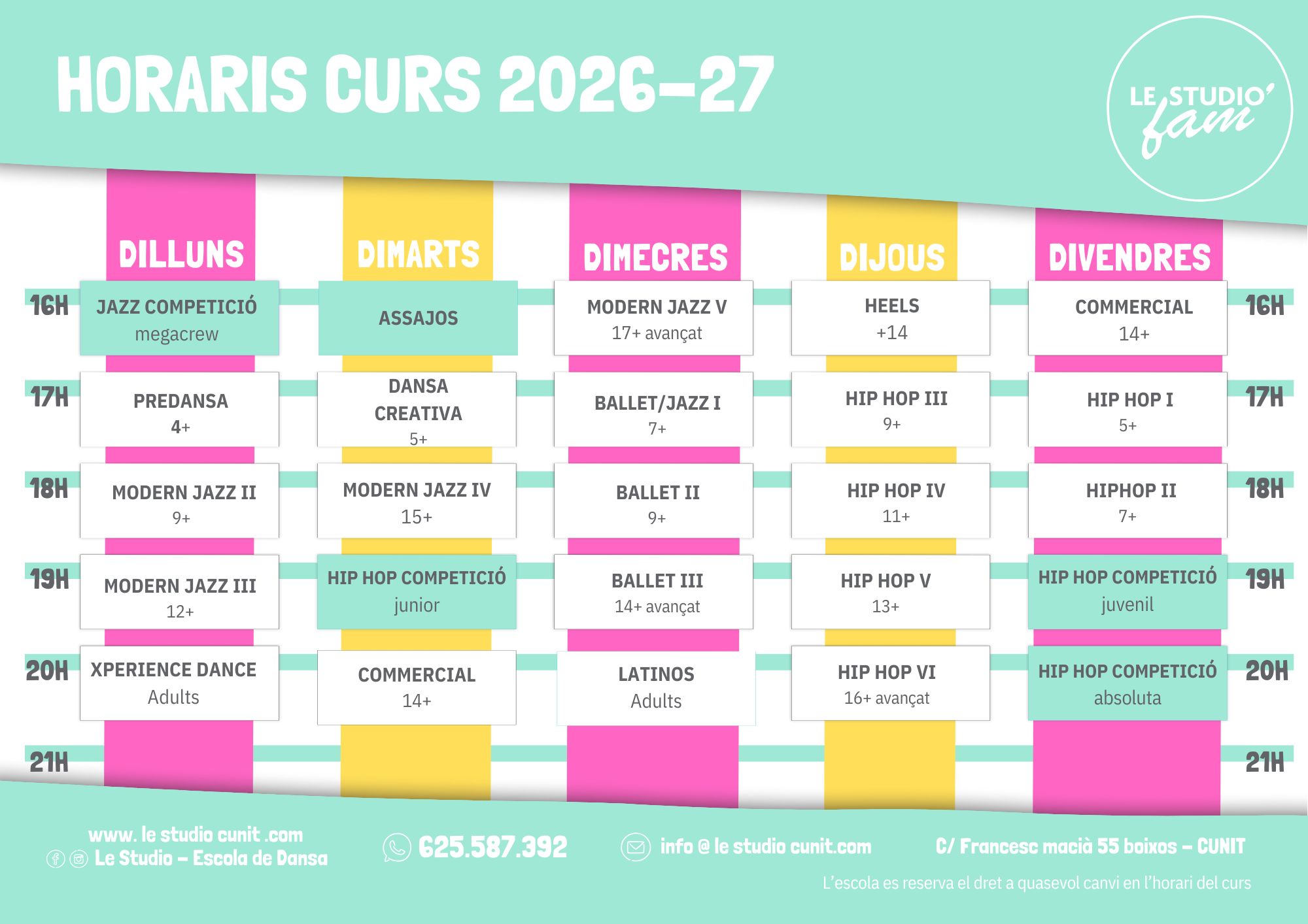 Horarios de clases de danza y baile en Le Studio Cunit